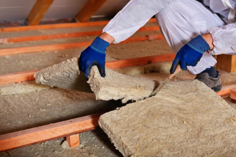 Person installing mineral wool insulation between wall studs during home insulation work.